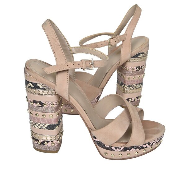 Aldo Hugs Snake Embossed Block Heel Sandal Bone Open Toe Size 7.5 - Picture 3 of 14